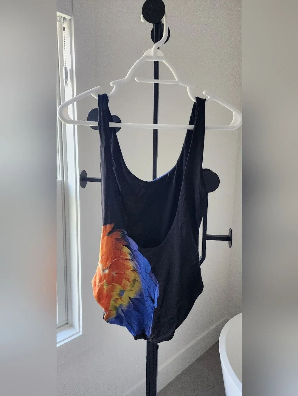 Onia Kelly One Piece Black Swimsuit with Blue, Orange & Yellow Feather Size S